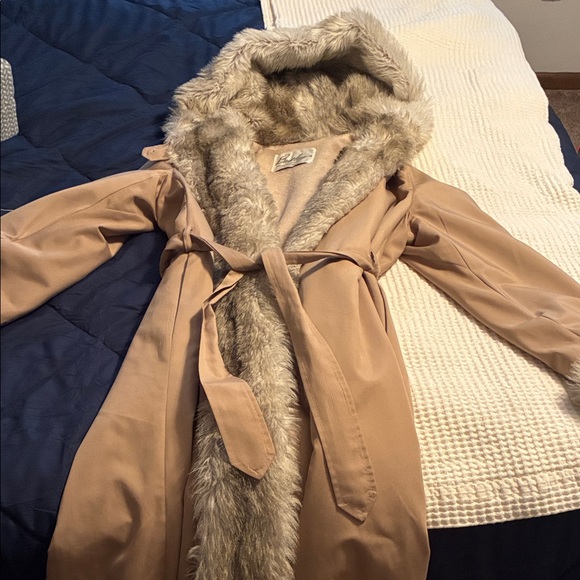 Vintage Antique Long Tan Coat with Fur Trim Size Small - Picture 11 of 11